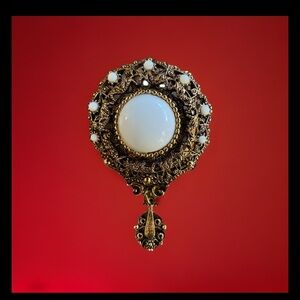 Brooch Gold Filigree Dangle White Round Cabochon Victorian Revival Vintage